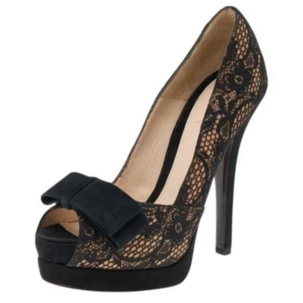 Fendi Lace Platform Peep Toe Bow Pumps
